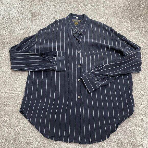 Classiques Entier Silk Button Down Shirt Womens Medium Navy Blue Striped Classic - Picture 1 of 12